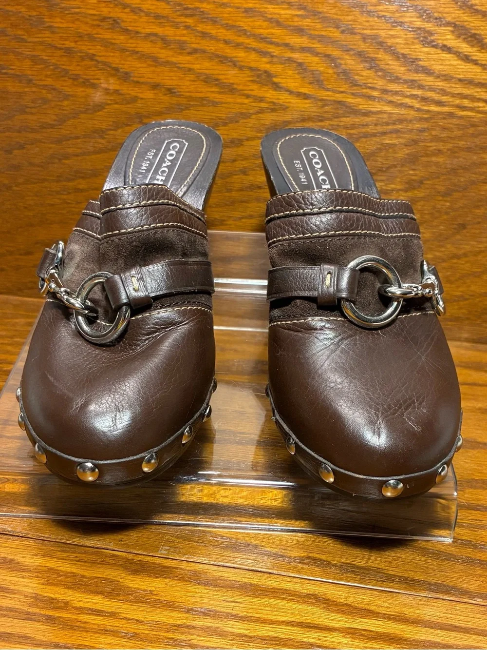 Y2K VTG Coach Horsebit Stud Wooden Heel Clogs Brown Leather Size 6